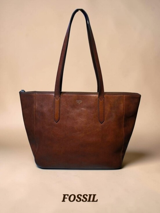 Fossil Handbags - Fossil Sydney Shopper Tote Cognac Brown Leather Zip Top Carryall Pocket Organize